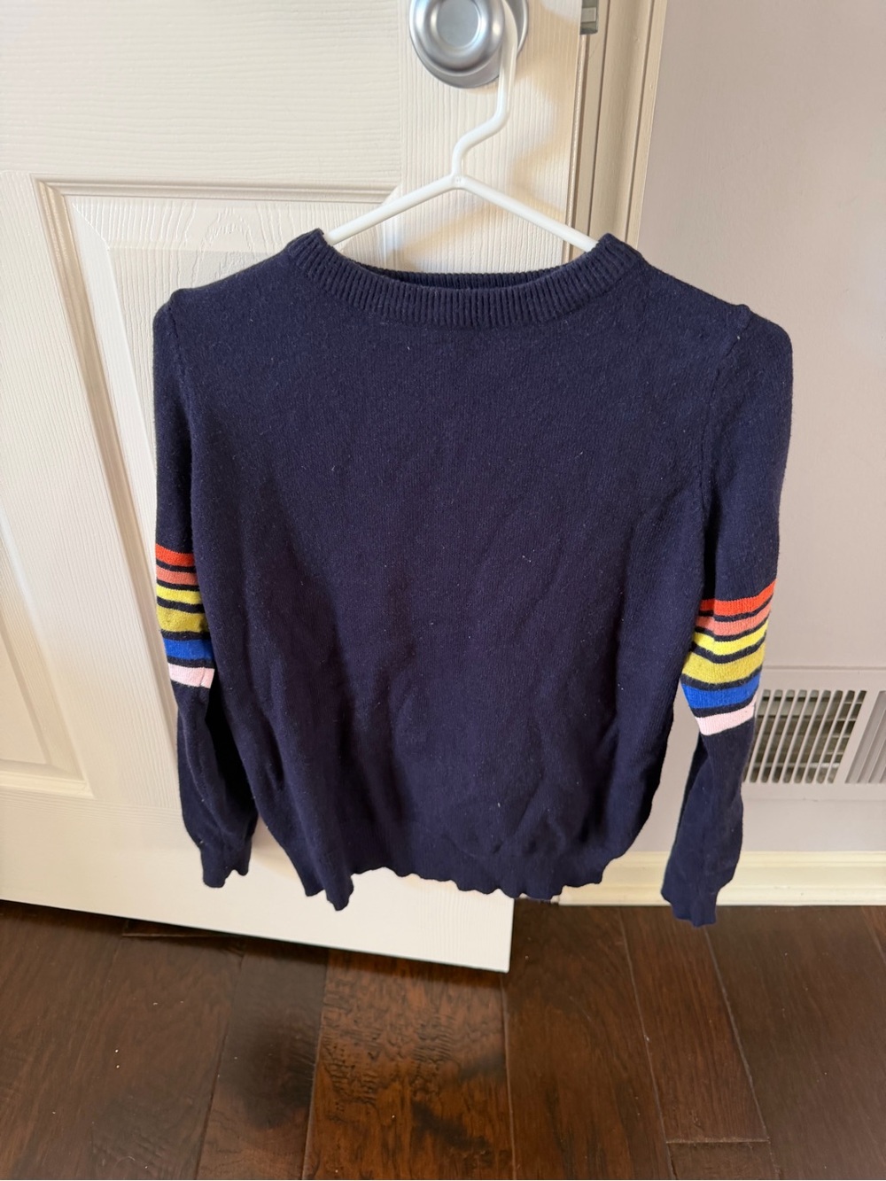 THML Navy Crewneck Sweater with Rainbow Sleeve Stripes